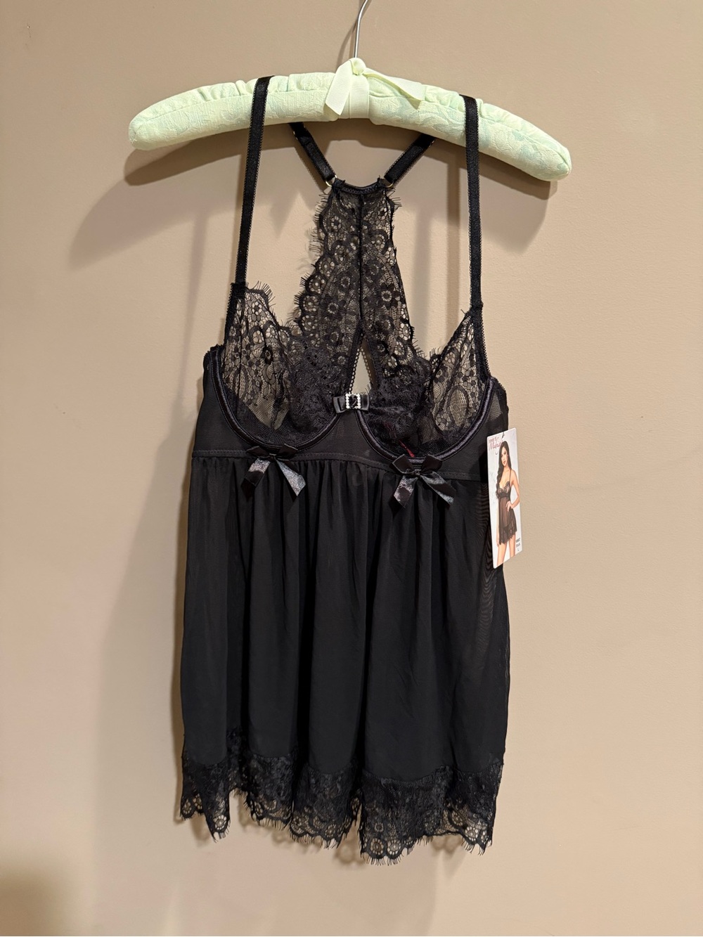 NWT Seven Til Midnight brand black babydoll chemise with thong, size large
